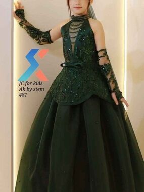 Made In Turkey Dark Green Beaded Girls' Ball Gown Dress included accessories.